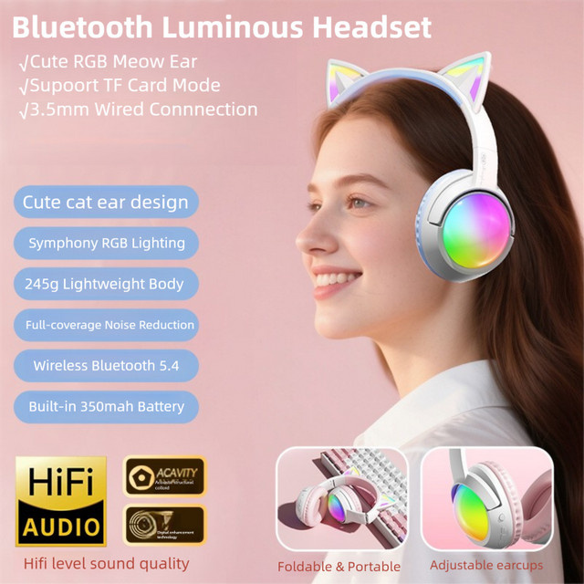 YOCUNKER Kabellose Katzenohren-Gaming-Headset mit RGB-Beleuchtung und Geräuschunterdrückung in Rosa, Bluetooth 5.4 und 20h Akkulaufzeit - Bild 1
