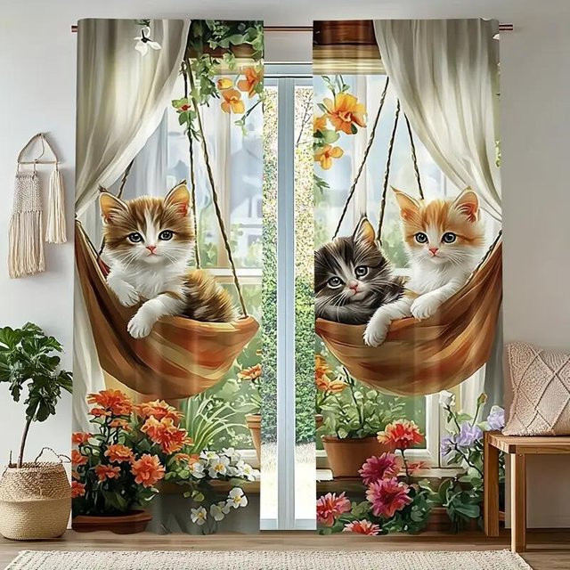 Tonnika Chen Vorhang Set mit Katzen- und Blumendruck, Polyester, Mehrfarbig, B: 132 cm, H: 241 cm - Bild 1
