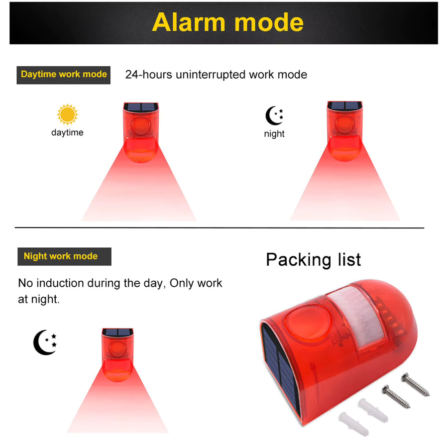 DECDEAL Solar-Bewegungsmelder-Alarm mit 129 dB Ton und Lichtsignal, IP65 wasserdicht, Farbe: Rot - Bild 4