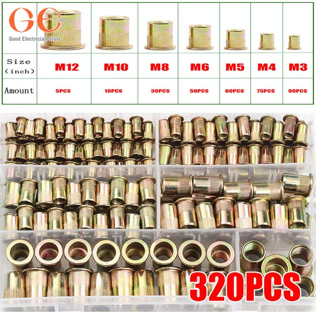 320-teiliges Nietmuttern-Set aus Stahl in Silber mit Flachkopf-Einsätzen und Gewindeeinsätzen der Größen M3-M12 - Bild 1