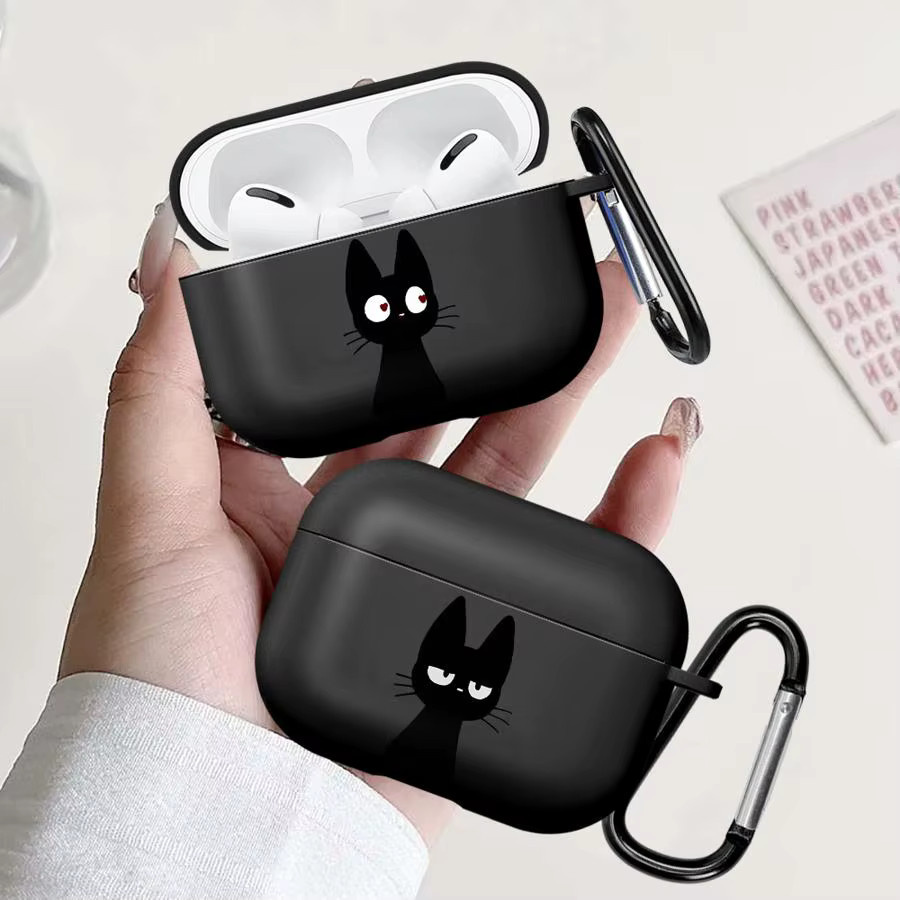 Schutzhülle mit Cartoon-Katzen Kopf für Apple AirPods Pro, Pro 2, Pro 3 und AirPods 4 in Schwarz - Bild 2