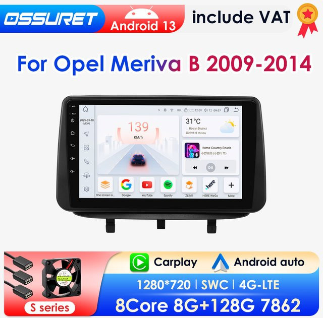 OSSURET 2DIN Android Auto Radio für Opel Meriva B 2009-2014 mit GPS, Wireless CarPlay, 4G und 360 Kamera in Schwarz - Bild 1