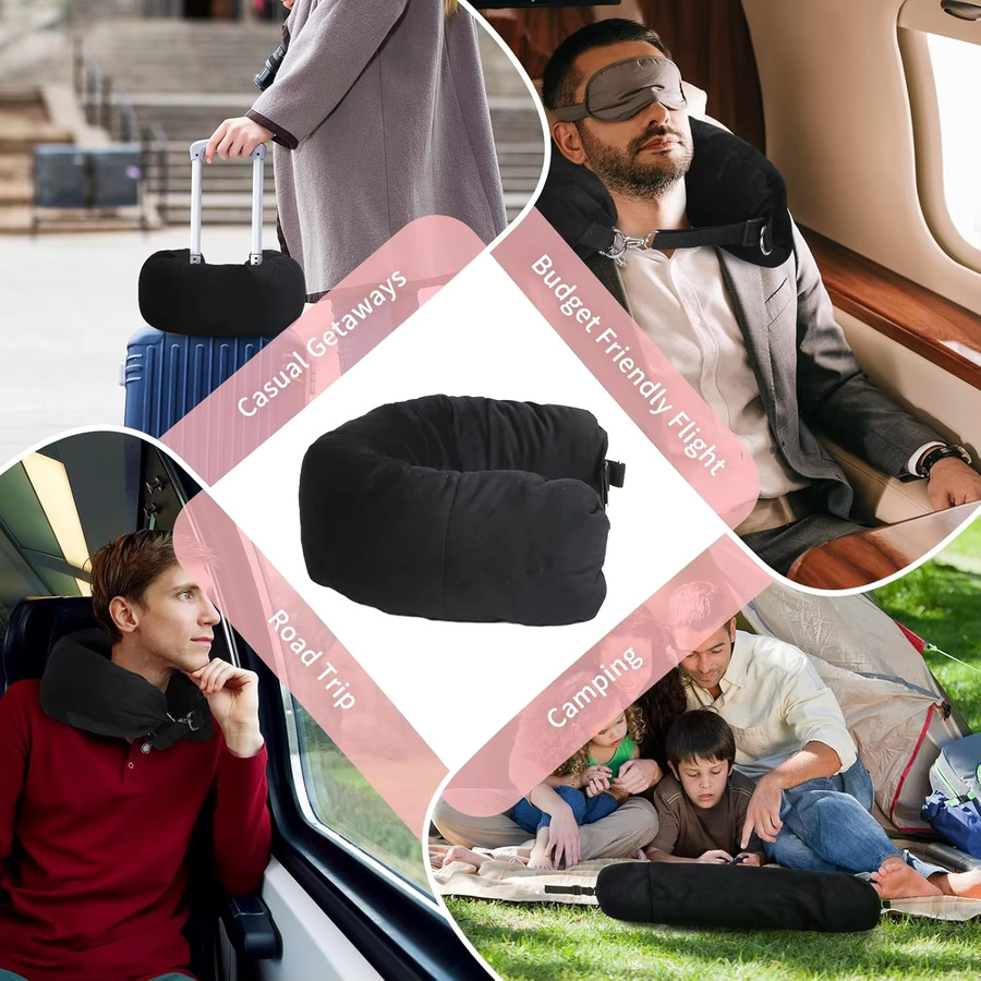 Nachfüllbares Reise-Nackenkissen aus Memory-Schaum in Schwarz mit Aufbewahrungstasche für Flugzeug, Auto und Zuhause - Bild 5
