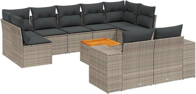 vidaXL 10-tlg Garten-Sofagarnitur aus Poly-Rattan und Akazienholz in Grau mit Kissen Modell 66 - Bild 1