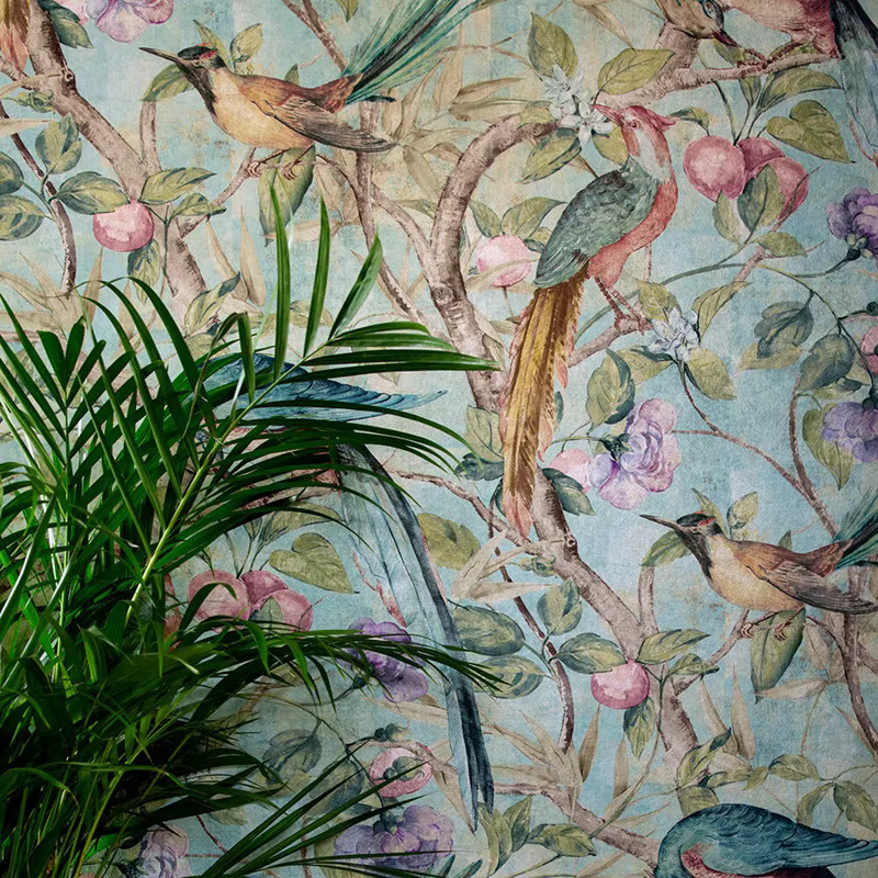 3D-Wandgemälde mit Blumen- und Vogelmotiv als dekorative Tapete im Landhausstil, Mehrfarbig - Bild 2