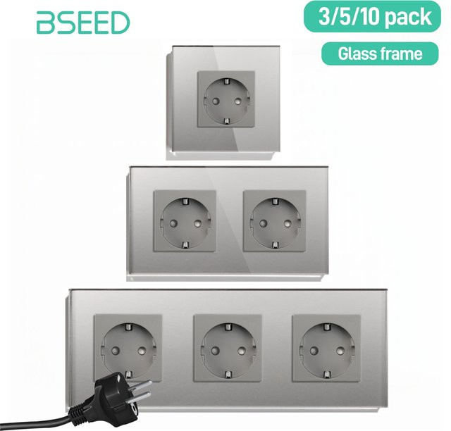 BSEED 16A Wandsteckdose mit Glasrahmen in Grau, EU-Standard Einzelsteckdose, Doppel- und Dreifachsteckdose für Zuhause und Büro - Bild 1