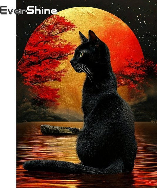 EverShine Diamant Mosaik Katze mit Mond als Strass Stickerei Wandkunst, Mehrfarbig, B/H: 30 x 30 cm - Bild 1