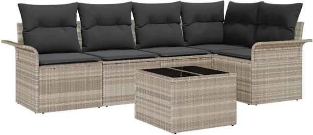 vidaXL Garten-Sofa-Set aus Poly-Rattan in Hellgrau, 6-teiliges L-Shape Lounge-Set mit Kissen und Tisch - Bild 1