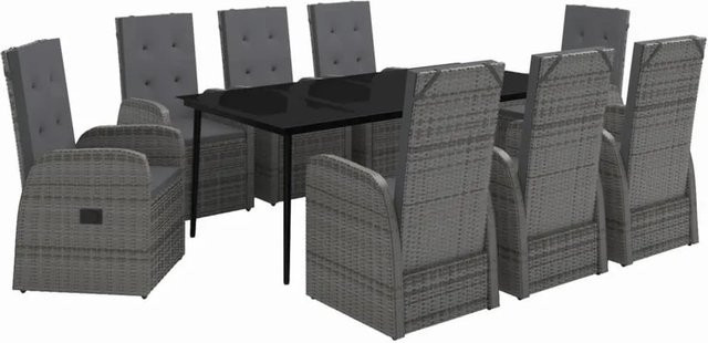 vidaXL 9-teilige Garten-Essgruppe aus PE-Rattan und Glas in Grau mit pulverbeschichtetem Stahl - Bild 1