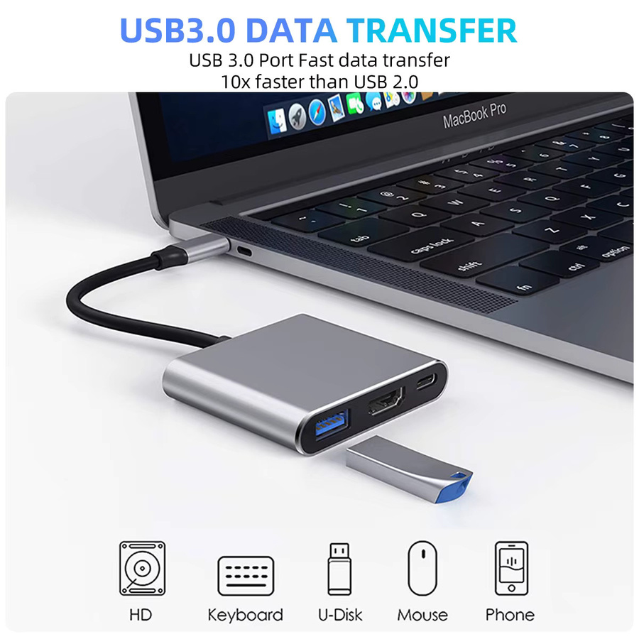 FONKEN 3-in-1 USB-C zu HDMI und USB 3.0 Kabeladapter in Silber für 4K UHD Auflösung - Bild 5