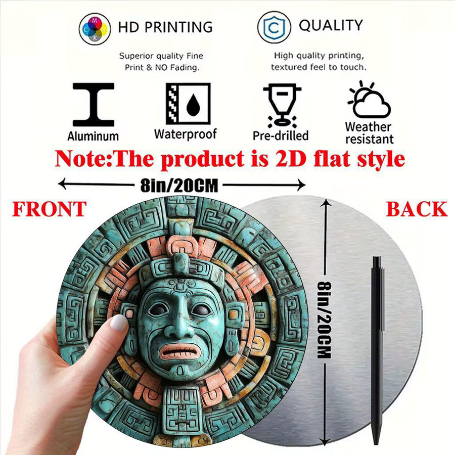 Potdemiel Maya-Kalender Wandkunst aus Aluminium, rundes Vintage-Schild mit geometrischem Design, Durchmesser: 20 cm - Bild 3