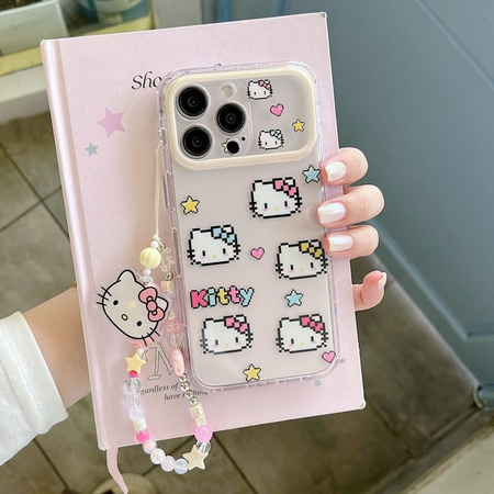 Sanrio Hello Kitty Handyhülle mit Pixel-Print und Perlenkette für iPhone 17 Pro Max 16 Pro 15 14 Pro Max, transparent und stoßfest