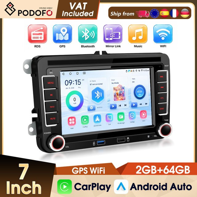 Podofo Android Autoradio 2 Din mit 7 Zoll Display, 2+64G, Schwarz, mit WiFi, GPS, Wireless CarPlay und Android Auto für Volkswagen, Seat und Skoda - Bild 1