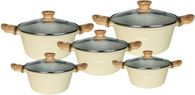 Cheffinger 10-teiliges Kochset mit Antihaft-Marmorbeschichtung und Glasdeckeln in Beige, Induktion geeignet - Bild 1