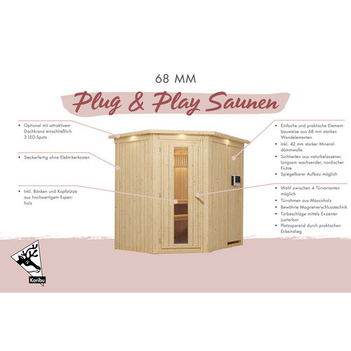 Karibu Sauna Wenden für 3 Personen mit 3,6 kW Saunaofen und externer Steuerung, beige - Bild 2