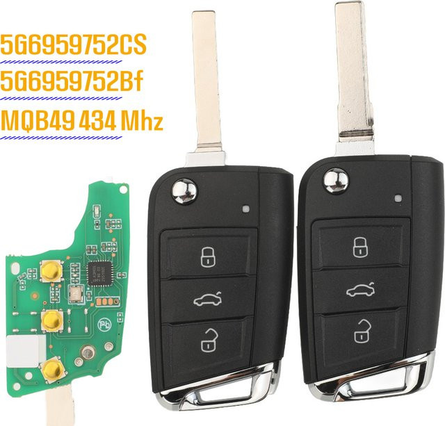 Jingyuqin Fernschlüssel mit 3 Tasten, 434 MHz, MQB49/5C-Chip für Volkswagen VW Touran Tiguan Caravelle Multivan Jetta, Schwarz - Bild 1