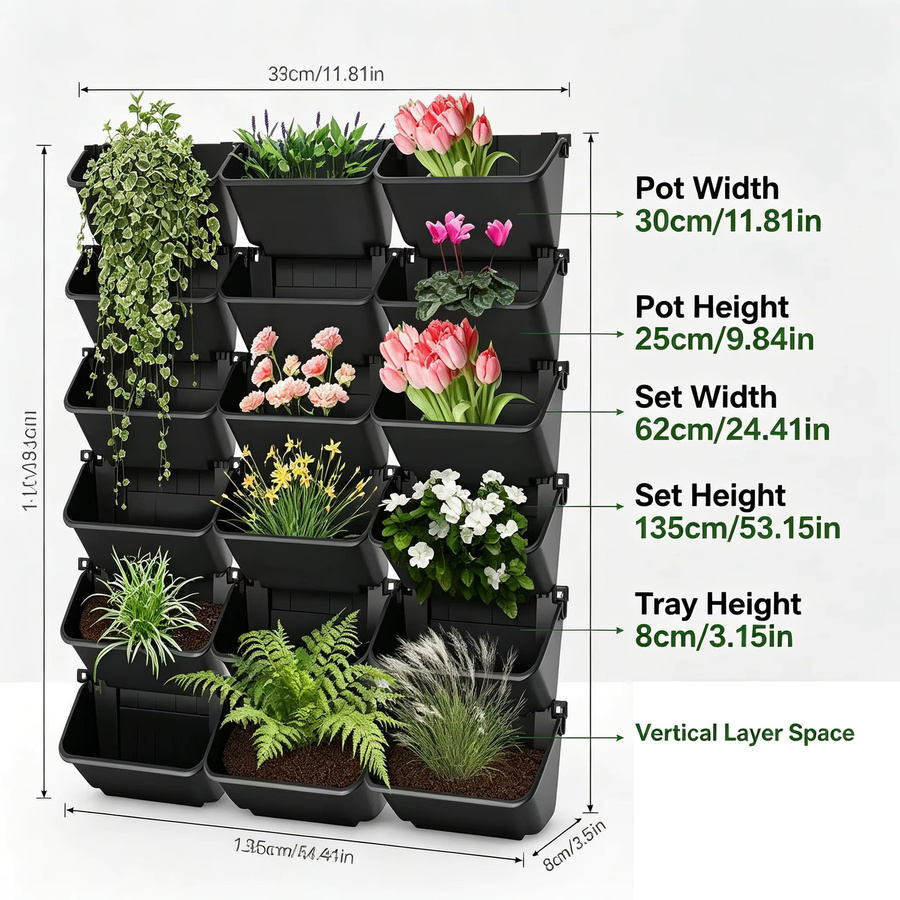 18-teiliger vertikaler Wandpflanzer mit Selbstbewässerung, modularer Pflanzsystem aus Kunststoff für Balkon und Garten, Schwarz oder Grün - Bild 4