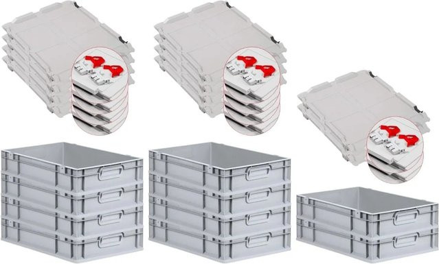 PROREGAL SuperSparSet 10x Eurobox NextGen Grip mit Scharnierdeckel und roten Schiebeschnappverschlüssen, Grau, H x B x T: 12 x 40 x 60 cm - Bild 1