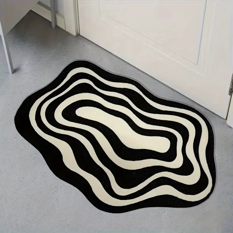 VIKAMA Flanell-Teppich in Schwarz-Weiß, abstrakte Wellenform im Y2K-Design, rutschfest und waschbar, B/T: 80 x 50 cm - Bild 3