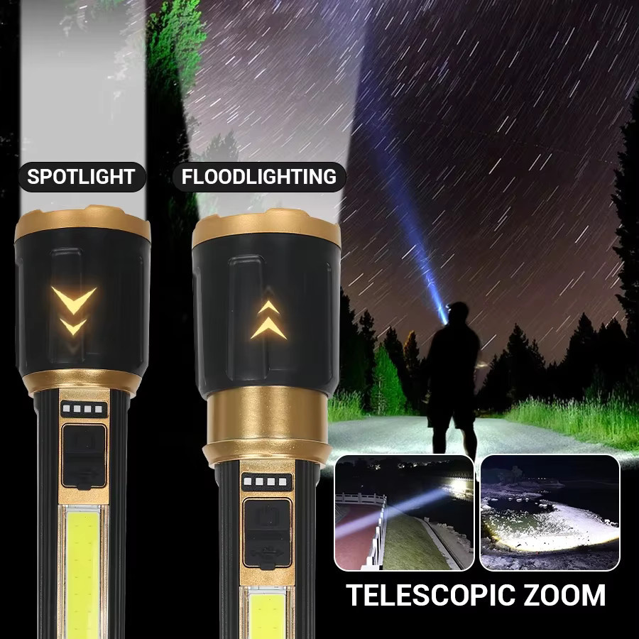 Heinast Taktische LED-Taschenlampe in Schwarz, USB wiederaufladbar mit Teleskop-Zoom und großer Reichweite - Bild 4