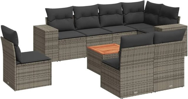 vidaXL 9-tlg Garten-Sofagarnitur in L-Form aus Polyrattan und Akazienholz mit Kissen in Grau - Bild 1