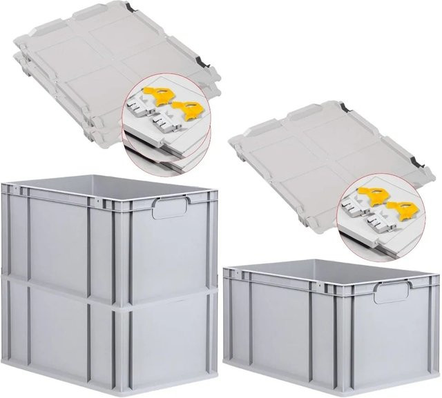 PROREGAL Spar Set 3x Eurobox Nextgen Economy mit Scharnierdeckel und gelben Schiebeschnappverschlüssen, Grau, H x B x T: 32 x 40 x 60 cm, 65 Liter - Bild 1