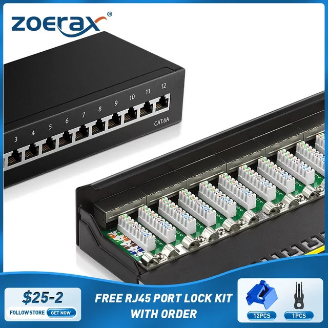ZoeRax CAT6a Patchpanel 8/12 Port Schwarz, 10Gbps Abgeschirmt für RJ45-LAN-Netzwerk, Desktop- und Wandmontage - Bild 1