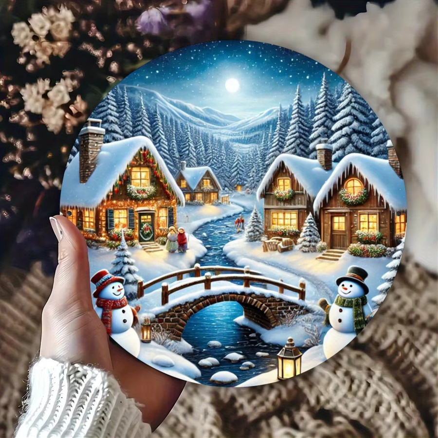 Potdemiel Winter Village Night Scene Rundes Metallblechschild Vintage Wandkunst aus Eisen, Durchmesser: 19,8 cm, Mehrfarbig - Bild 3