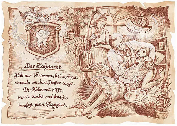 Zunftbild Zahnarzt als Grafik auf Antikpapier, A4, Mehrfarbig - Bild 1