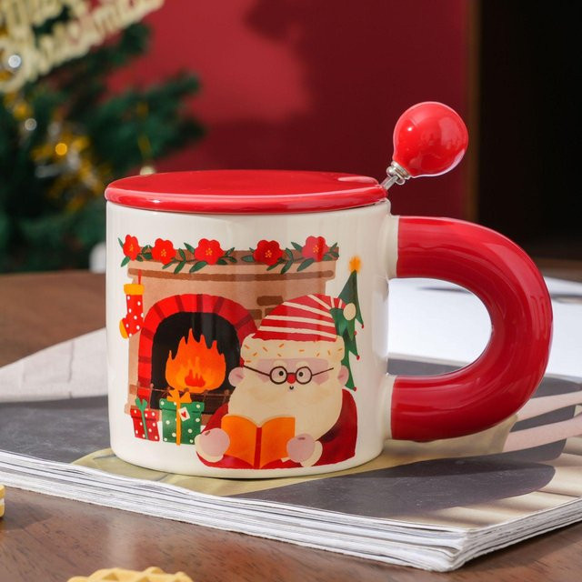 Kreative Weihnachtstasse mit Cartoon-Motiv und Löffel aus Keramik von Yiran Furniture, Mehrfarbig, 350 ml - Bild 1