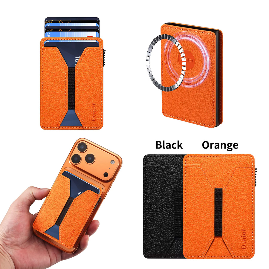 Handy-Geldbörse aus Kunstleder mit Magnetverschluss und automatischem Kartensteckplatz in Schwarz oder Orange - Bild 2