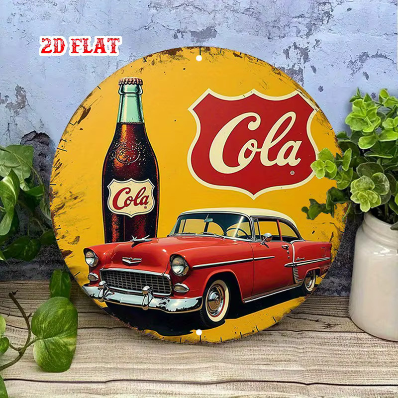 Potdemiel Metallblechschild Vintage Red Car & Cola Beverage Rund, Durchmesser: 20 cm, Farbe: Rot/Mehrfarbig - Bild 3