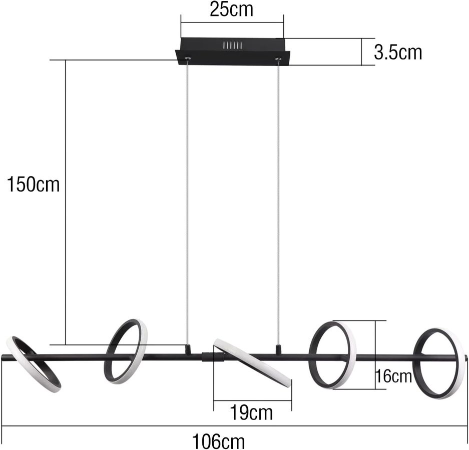 Moderne LED Pendelleuchte in Schwarz mit drehbaren und abnehmbaren Ringen, höhenverstellbar, Warmweiß 3000K, 31W - Bild 3