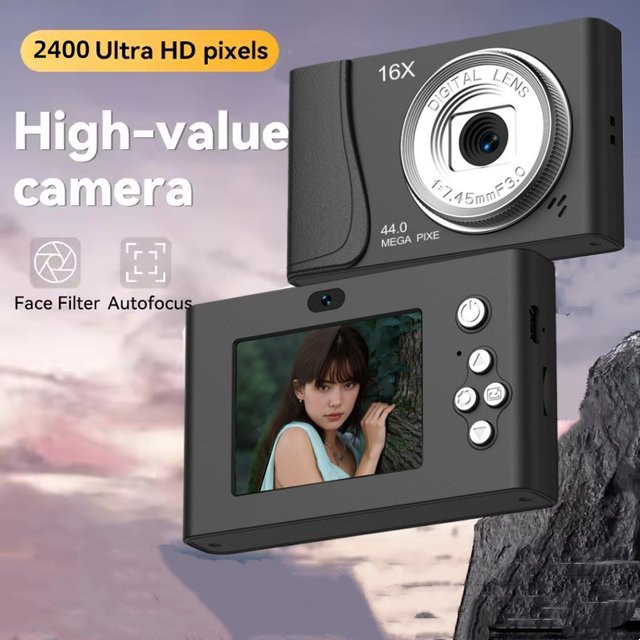 Kompakte 4K Digitalkamera mit 24 Millionen Pixeln und 16-fach Zoom als Camcorder für Kinder und Anfänger in Schwarz oder Lila - Bild 1