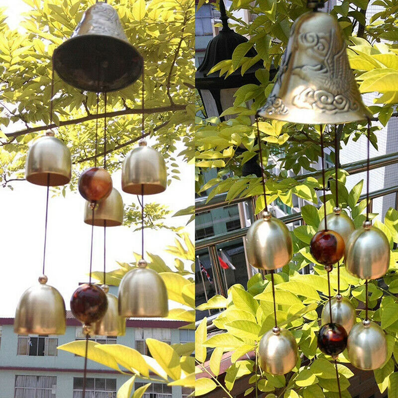 6 Kupferglocken aus Metall als hängende Windspiele in Gold und Alufarben für Garten und Hof im Bohemian-Stil - Bild 2