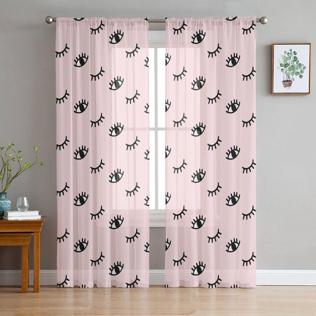 Transparenter Tüll-Vorhang mit Frauenaugen-Design in Pink, B: 100 cm, H: 250 cm - Bild 1