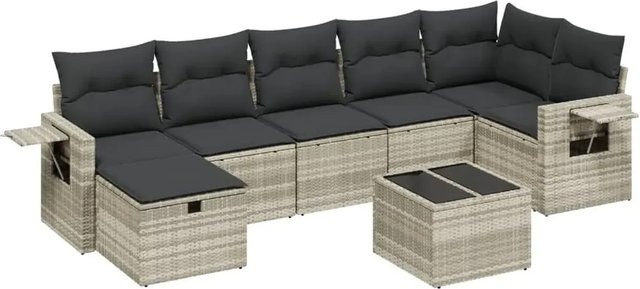 vidaXL 8-tlg Garten-Sofagarnitur in L-Form mit Polyrattan und Kissen, Hellgrau - Bild 1