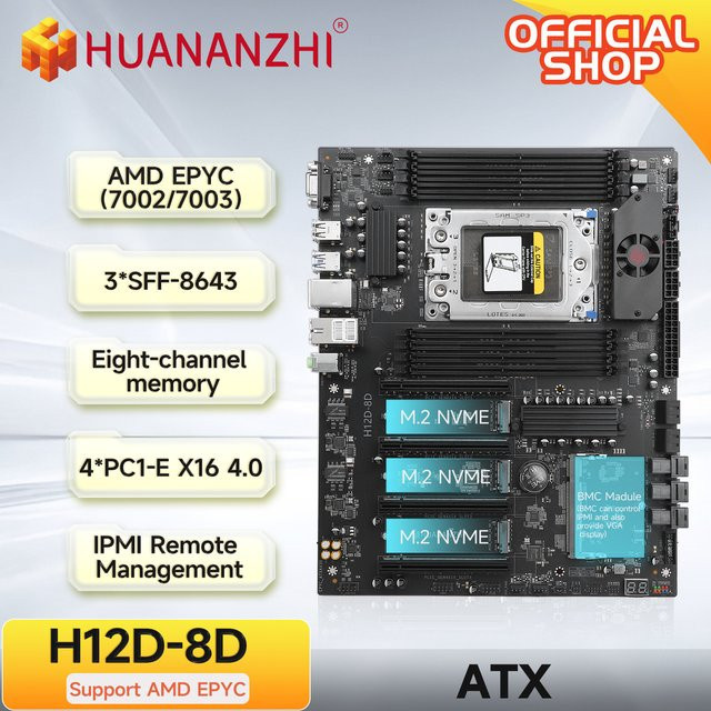 HUANANZHI H12D 8D AMD-Motherboard mit BMC-Modul, unterstützt AMD EPYC 7002 und 7003 Serie, 8-Kanal-Speicher, Dual 2.5G-Netzwerk, Schwarz - Bild 1