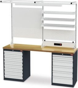 STIER Werkbank mit 2 Schrankgehäusen, Pegboard und Steckdosenleiste, B/T/H: 200 x 60 x 106 cm, Werkbankaufbau B/H: 200 x 231 cm - Bild 1
