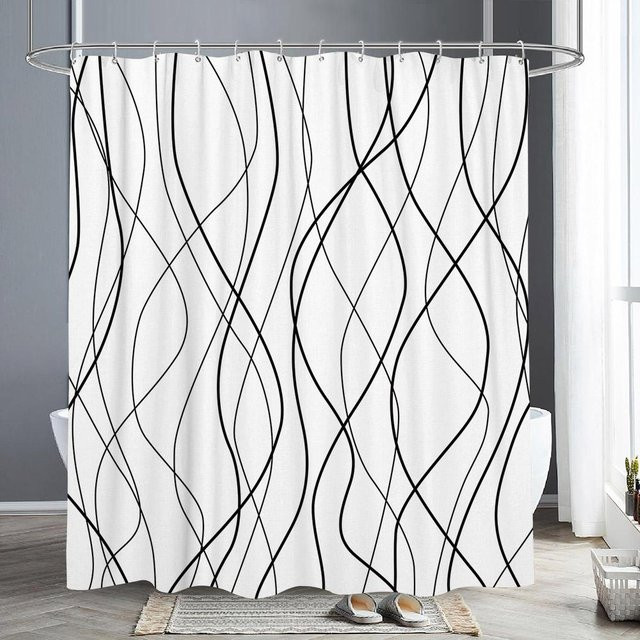 Duschvorhang mit abstraktem geometrischem Linien-Design und Buchstabendruck in Schwarz-Weiß von Household supplies MH, B/H: 90 x 180 cm - Bild 1