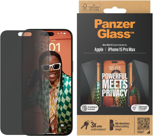 PanzerGlass Privacy Screen Protector für iPhone 15 Pro Max in Schwarz mit EasyAligner (Ultra-Wide Fit) - Bild 1