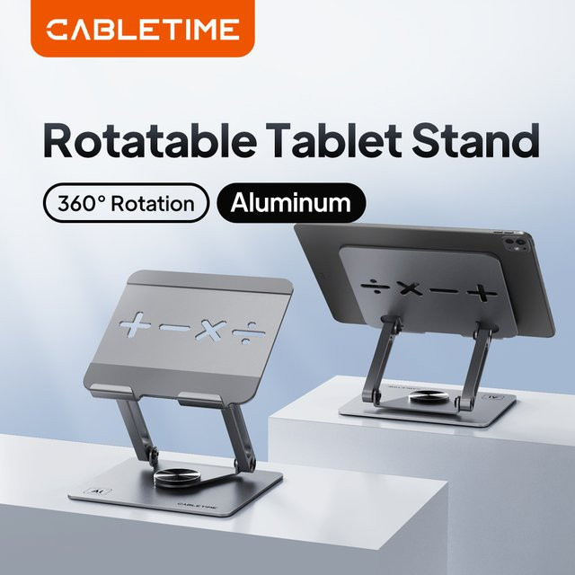CABLETIME Tablet Ständer aus Aluminium in Grau mit 360 Grad Rotation, faltbarer Desktop Halter für iPad Pro, Air, Mini und Nintendo Switch - Bild 1