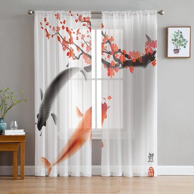 Transparenter Tüll-Voile-Vorhang mit Koi-Fisch-Motiv von A Family Of Home Textiles in Weiß, Breite: 135 cm, Höhe: 137 cm - Bild 1
