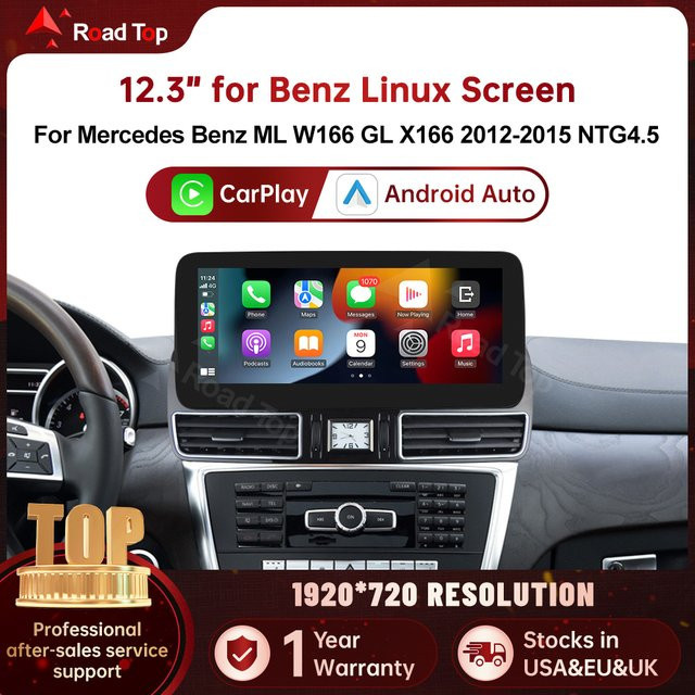 Road Top Kabelloses CarPlay und Android Auto Multimedia Display-System mit Linux NTG4.5 für Mercedes-Benz ML GL W166 X166 (2012-2015), 12,3 Zoll, Schwarz - Bild 1