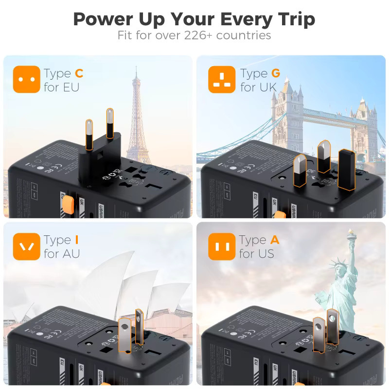 TESSAN 85W GaN Universal-Reiseadapter Schwarz mit einziehbarem USB-C-PD-Kabel als All-in-One-Weltladegerät für EU, UK, US und AUS - Bild 2