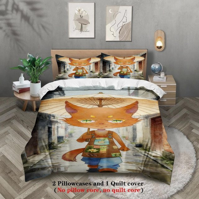 Softville Queen Size Bettwäsche Set Cozy Town Süßer Farn mit Fuchs Motiv, Bettbezug und Kissenbezug für das Kinderzimmer, B/H: 135 x 200 cm - Bild 1