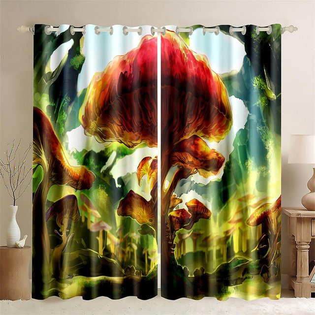 Bunte 3D Cartoon Pilz Vorhänge aus Polyester für Wohnzimmer Schlafzimmer und Küche, 2er Set, Mehrfarbig, Höhe: 130 cm, Breite: 50 cm pro Paneel - Bild 1