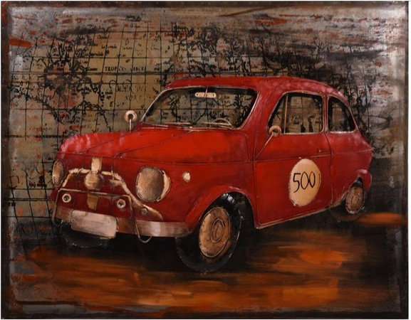 DELUKE 3D-Metallbild Rotes Auto Vintage aus Stahl, Bunt, H: 80 cm, B: 100 cm, T: 7 cm