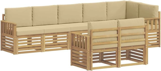 vidaXL Outdoor-Sofagarnitur in L-Form aus Akazienholz, 8-teiliges Set in Weiß und Beige mit Polstern, B/T/H: 306 x 128,5 x 73 cm - Bild 1