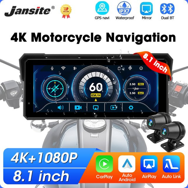 Jansite Motorrad CarPlay GPS Navigation mit 8,1 Zoll Display, Drahtlose Android Auto Verbindung, Dual Objektiv 4K + 1080P DVR und IPX7 Wasserdicht, Schwarz - Bild 1